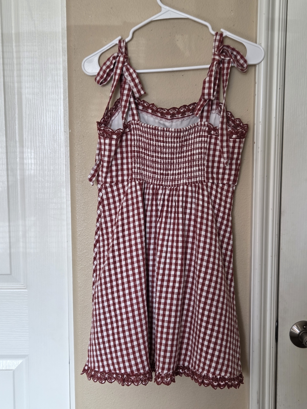 American Eagle Red/White Gingham Tie-Strap Mini Dress (with Eyelet Trim) - Picture 3 of 8